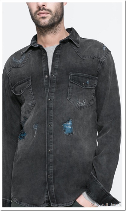 ZARA / M/L BLACK DENIM SHIRT WITH RIPS AND CONTRASTING THREAD