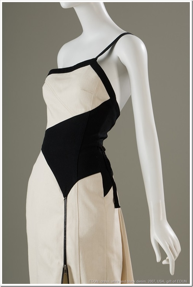 EDUN, dress, white and black denim, 2007, USA, gift of EDUN, 2010.7.1